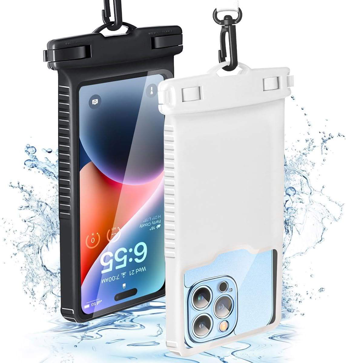 Universalt vanntett etui for mobiltelefoner, IPX8-sertifisert, med berøringsskjerm og gjennomsiktig design.